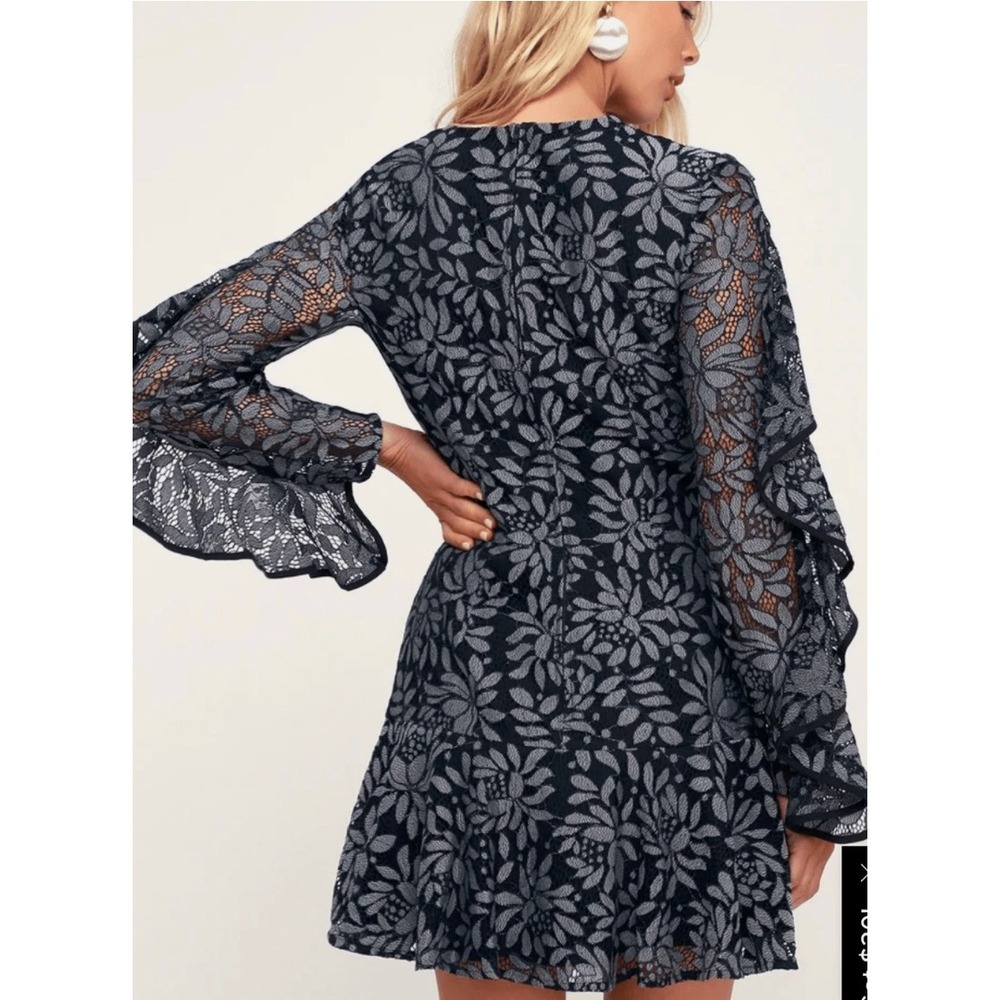 KEEPSAKE Engage Lace Long Sleeve Dress Floral Ruffle Mini Navy Blue Med - Picture 3 of 16